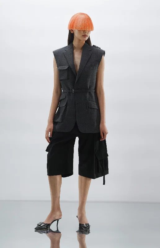 Blazer Sleeveless Belt Pockets 01