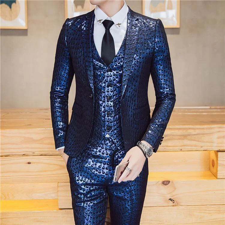 3-Piece Men's Suit Jacquard Slim Fit Suit Blue Gold