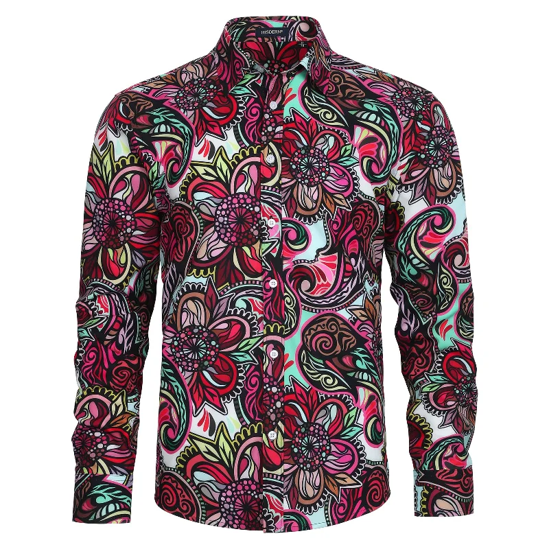 Men's Relaxed-Fit Shirts for Casual ComfortMen's Long Sleeve Shiny Shirt With Printing - RED Men's Relaxed-Fit Shirts for Casual ComfortMen's Long Sleeve Shiny Shirt With Printing - RED
