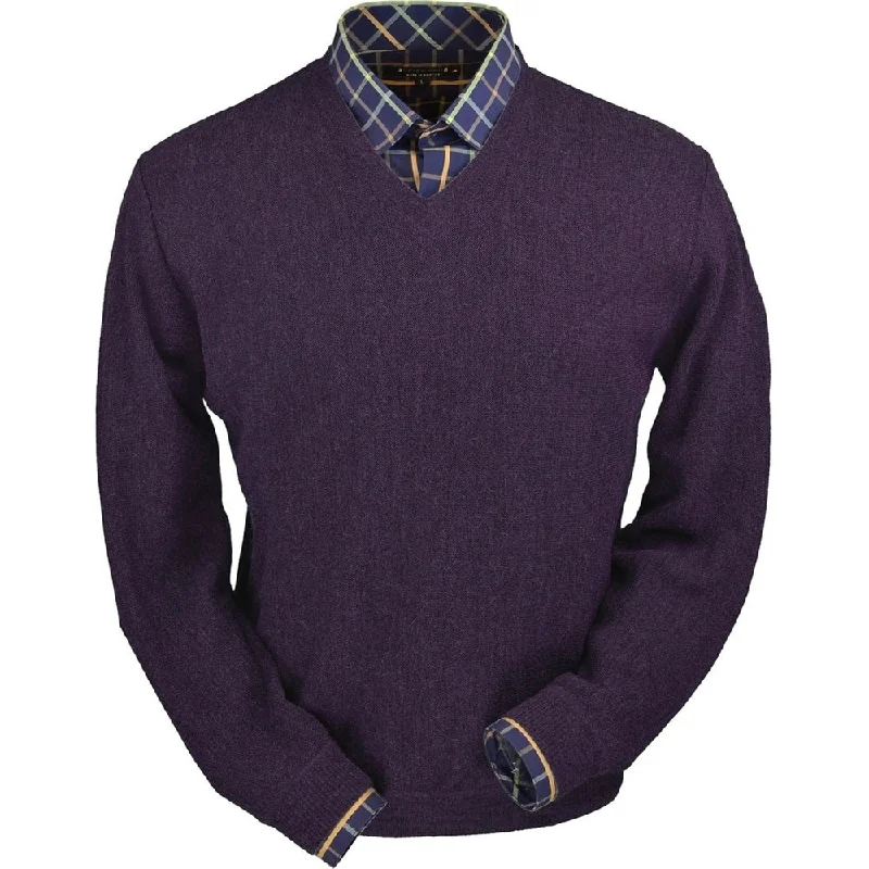 Men's Sweaters with Intarsia DesignsBaby Alpaca 'Links Stitch' V-Neck Sweater in Eggplant Heather (Size Medium) by Peru Unlimited Men's Sweaters with Intarsia DesignsBaby Alpaca 'Links Stitch' V-Neck Sweater in Eggplant Heather (Size Medium) by Peru Unlimited