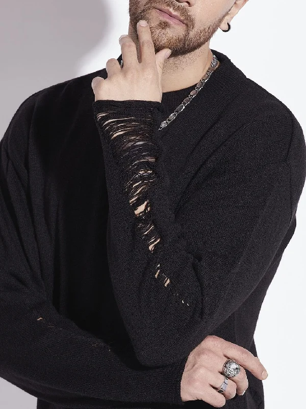 Layered Men's Vest SweatersBlack Damaged Raw Edge Sweater