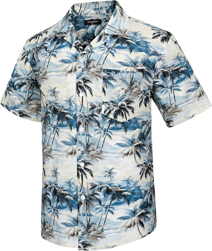 Men's Casual Friday Shirts for Relaxed Office DaysBlue White Palm Tree Button Up Hawaiian Shirt For Summer Vacation Men's Casual Friday Shirts for Relaxed Office DaysBlue White Palm Tree Button Up Hawaiian Shirt For Summer Vacation