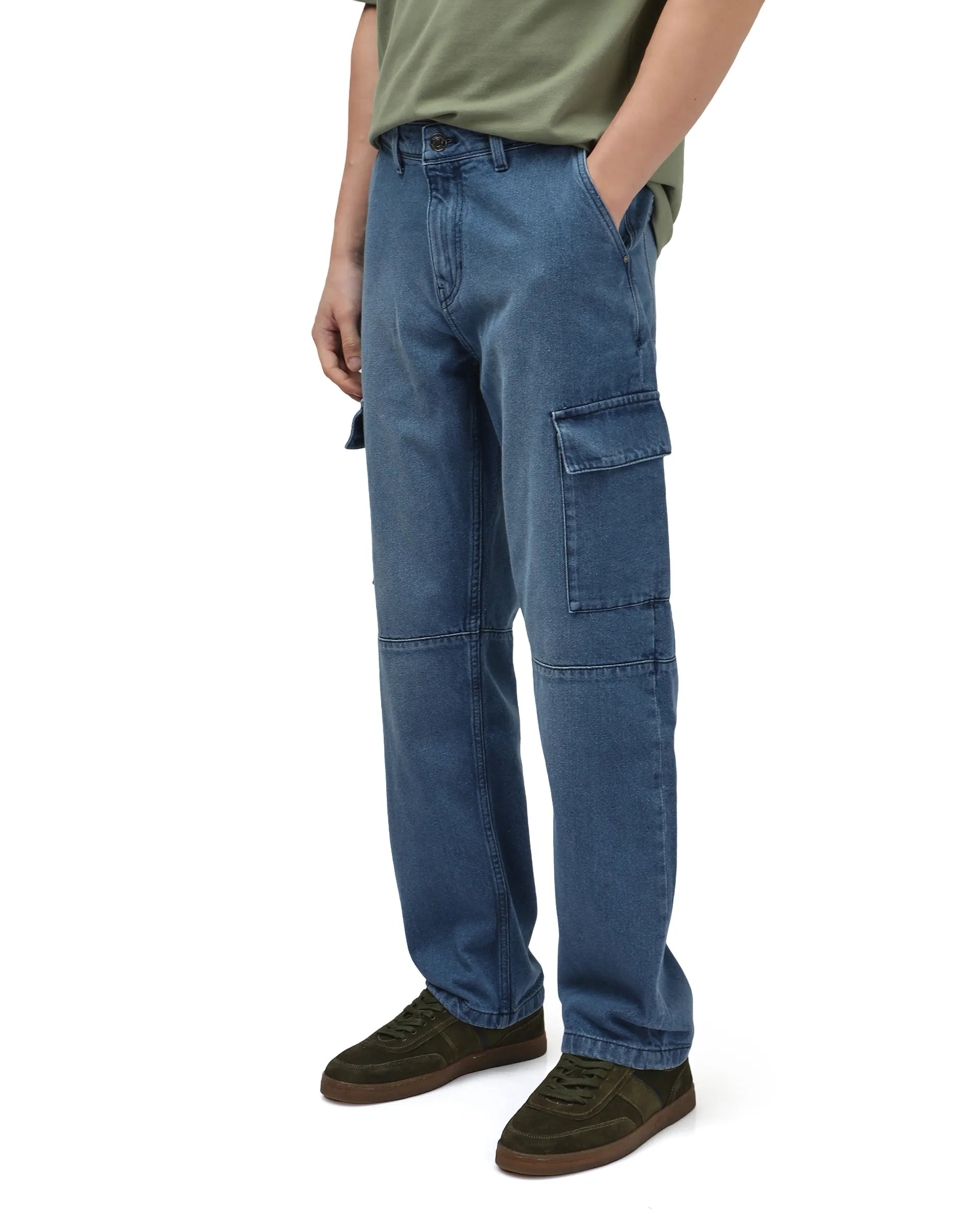 Comfort-Fit Men's JeansRare Rabbit Men's Ivo Blue Cotton Fabric Mid Wash Mid Rise Cargo Style Baggy Fit Cut and Sew Plain Jeans Comfort-Fit Men's JeansRare Rabbit Men's Ivo Blue Cotton Fabric Mid Wash Mid Rise Cargo Style Baggy Fit Cut and Sew Plain Jeans