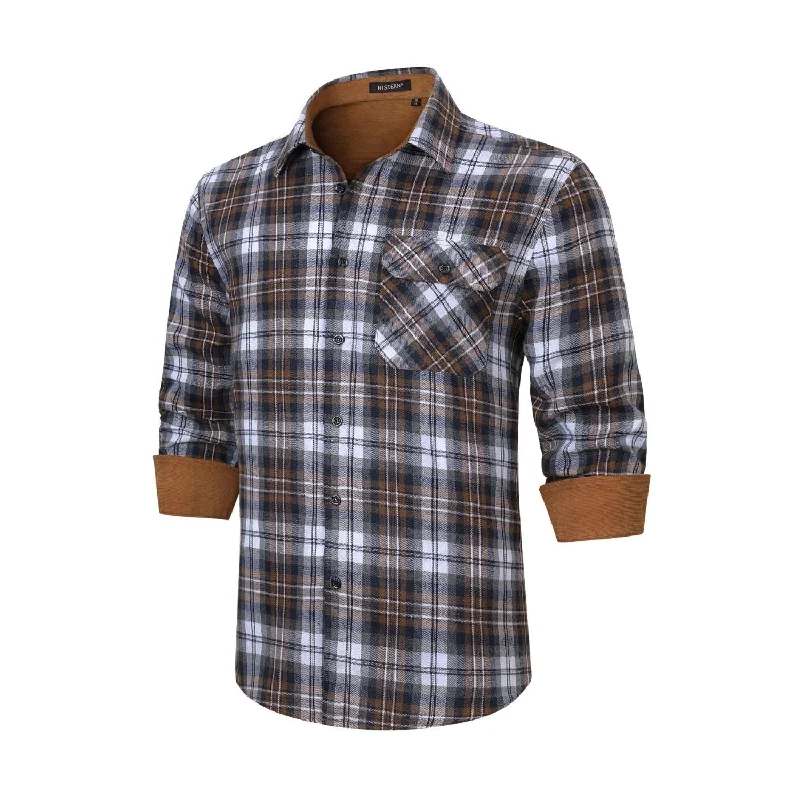Men's Patterned Dress Casual Shirts for Smart-Casual EventsPlaid Men's Flannel Shirt With Pockets - 7N-BROWN/NAVY-3 Men's Patterned Dress Casual Shirts for Smart-Casual EventsPlaid Men's Flannel Shirt With Pockets - 7N-BROWN/NAVY-3