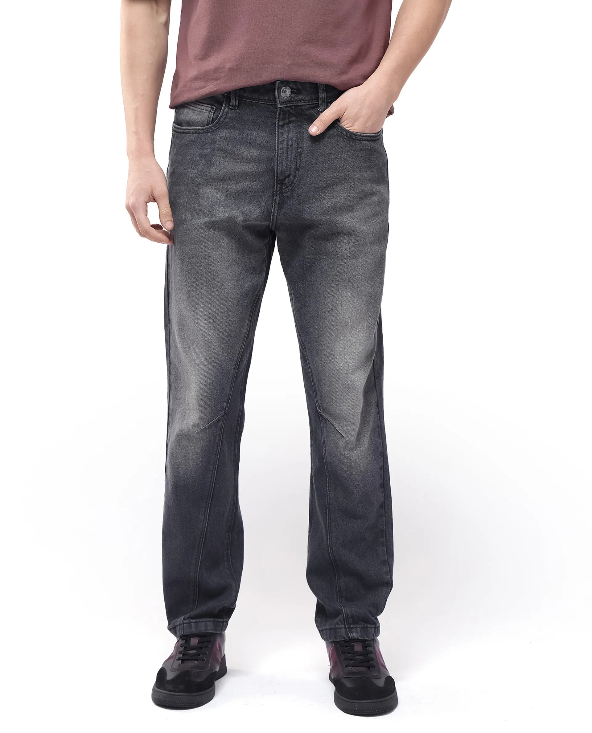 Men's Jeans for a Casual LookRare Rabbit Men's Kobet Grey Cotton Fabric Mid Wash Mid Rise Regular Fit Cut and Sew Jeans