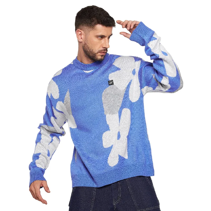 Men's Sweaters with Ribbed WaistbandsSky Blue Floral Oversized Sweater