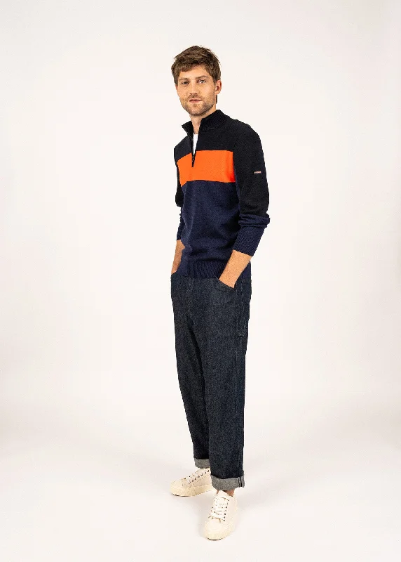 Striped Men's SweatersBAYEUX - Quarter Zip Sweater | 100% Wool (DARK BLUE / NAVY / NEON ORANGE) Striped Men's SweatersBAYEUX - Quarter Zip Sweater | 100% Wool (DARK BLUE / NAVY / NEON ORANGE)