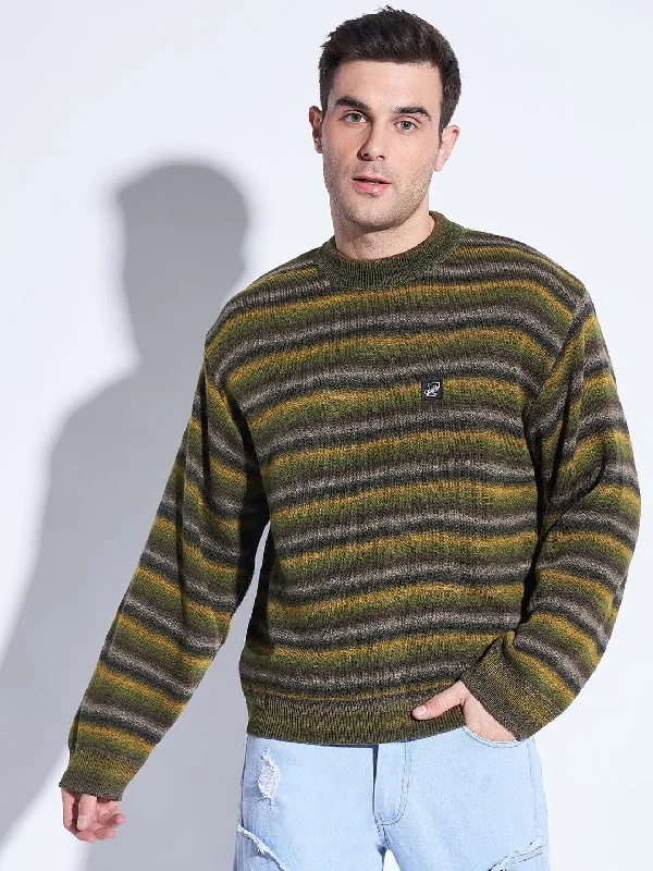 Lightweight Men's Cardigan SweatersOlive Striped Oversized Sweater