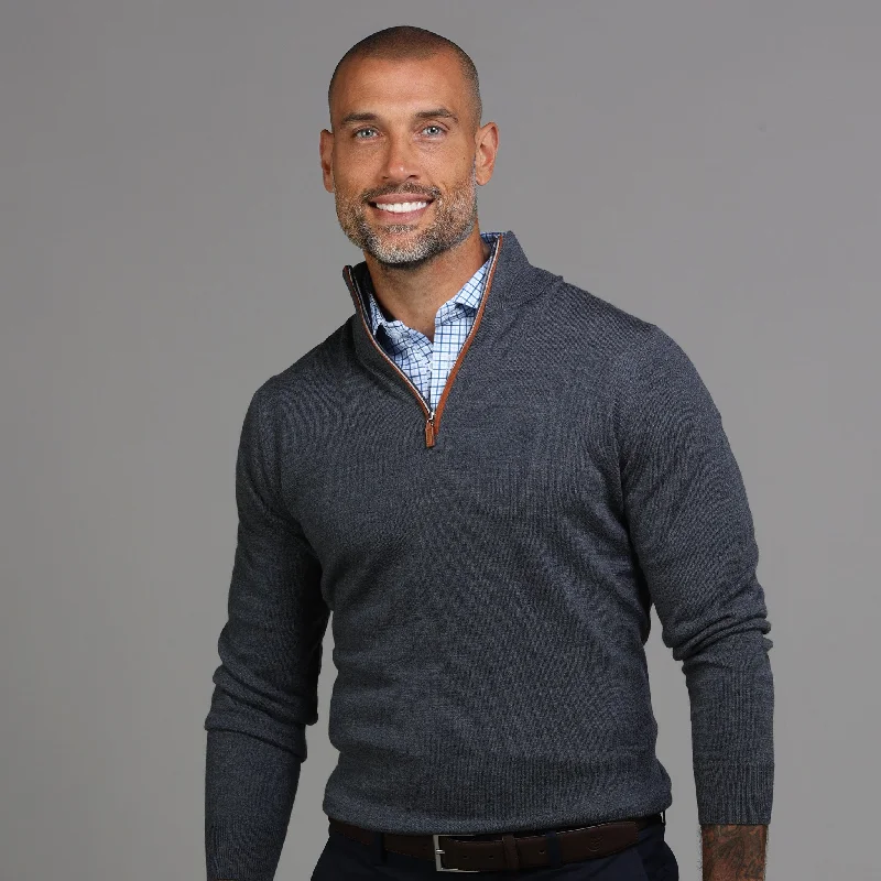 Men's Sweaters with Roll-Neck DesignsCharcoal with Brown Suede Trim Cashmere Touch Australian Merino Quarter Zip Sweater Men's Sweaters with Roll-Neck DesignsCharcoal with Brown Suede Trim Cashmere Touch Australian Merino Quarter Zip Sweater
