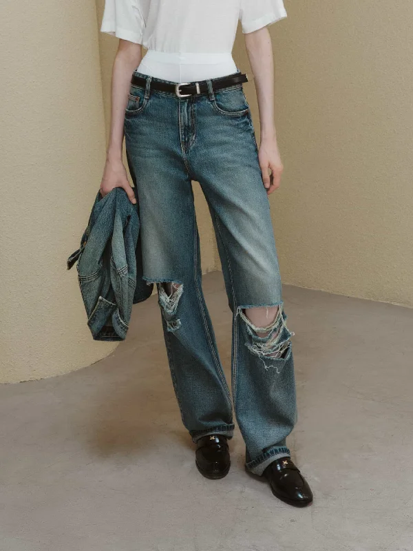 Light Blue Denim Men's JeansRipped Detail Relaxed Jeans