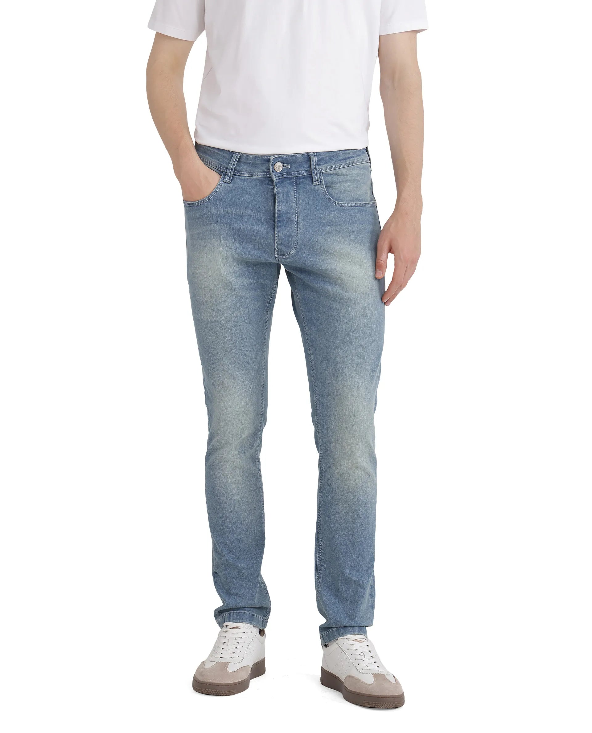 Men's Jeans with Stretch FabricRare Rabbit Mens Orsica Fluorescent Blue Cotton Fabric Mid Wash Mid Rise Slim Fit Jeans Men's Jeans with Stretch FabricRare Rabbit Mens Orsica Fluorescent Blue Cotton Fabric Mid Wash Mid Rise Slim Fit Jeans