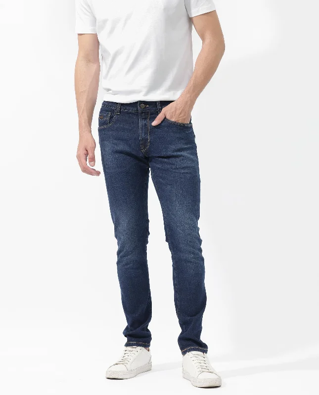 Casual Men's JeansRare Rabbit Men's Isaak Dark Blue Slim Fit Mid Rise Dark Wash With Mild Whiskers Jeans