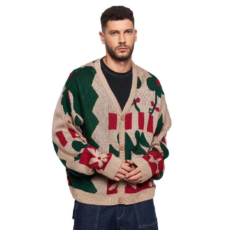 Men's Sweaters with Hooks and LoopsBeige Abstract Oversized Cardigan