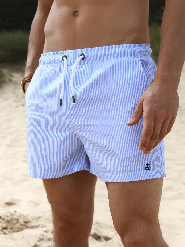 Men's Pants with Zippered PocketsStriped Swim Shorts - Light Blue