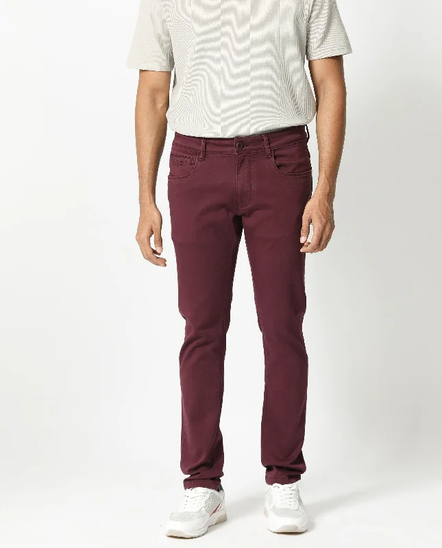 Slim-Fit Men's JeansRare Rabbit Men's Essen Dark Maroon Garment Dyed Mid-Rise  Slim Fit Jeans