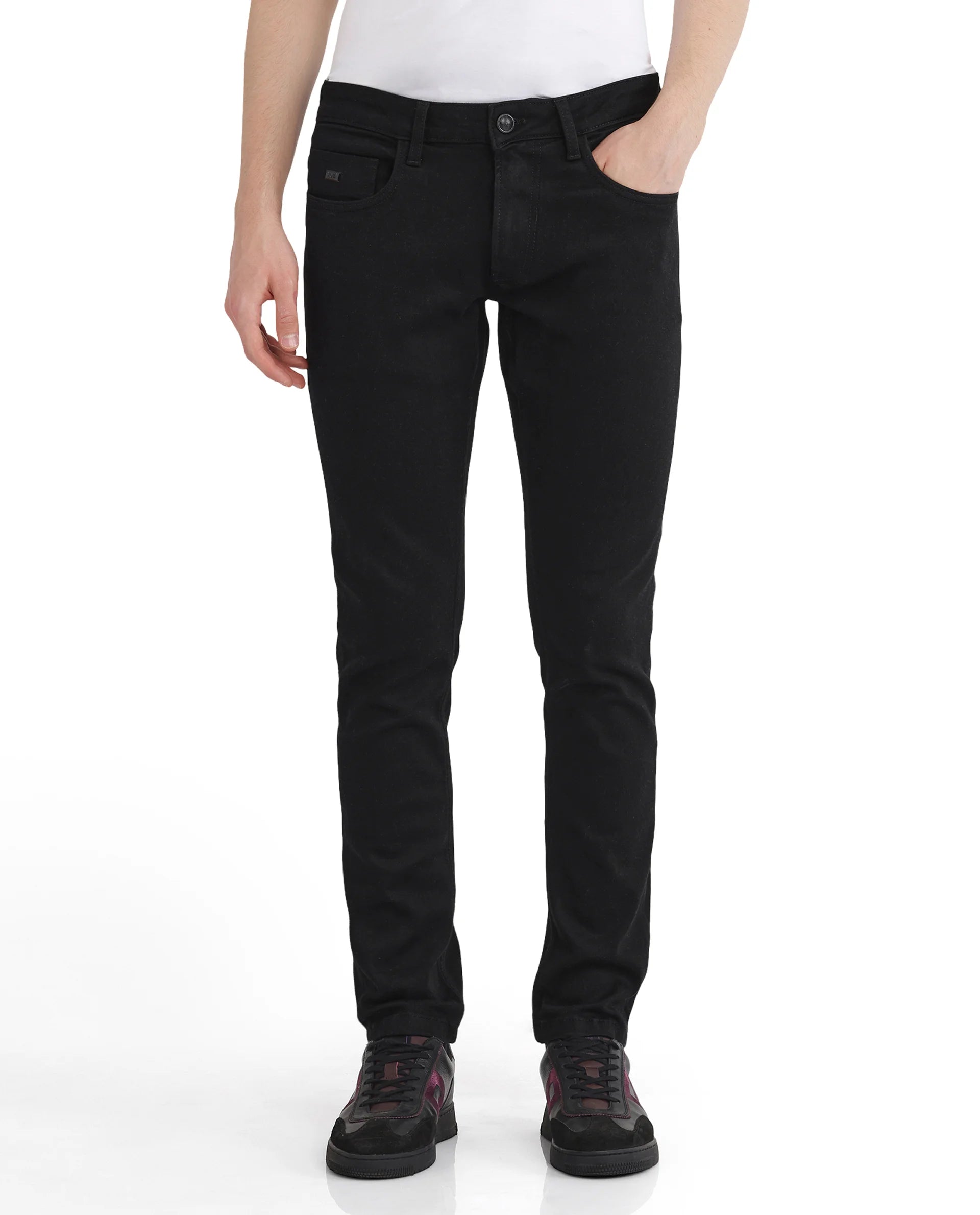 New Arrival Men's JeansRare Rabbit Men Umo Black Cotton Polyester Fabric Slim Fit Plain Denim Pant