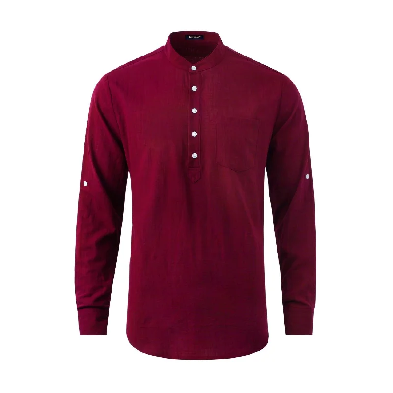 Men's Spread-Collar Shirts for a Bold StatementMen‘s Henley Shirt Cotton Linen with Pocket - BURGUNDY Men's Spread-Collar Shirts for a Bold StatementMen‘s Henley Shirt Cotton Linen with Pocket - BURGUNDY
