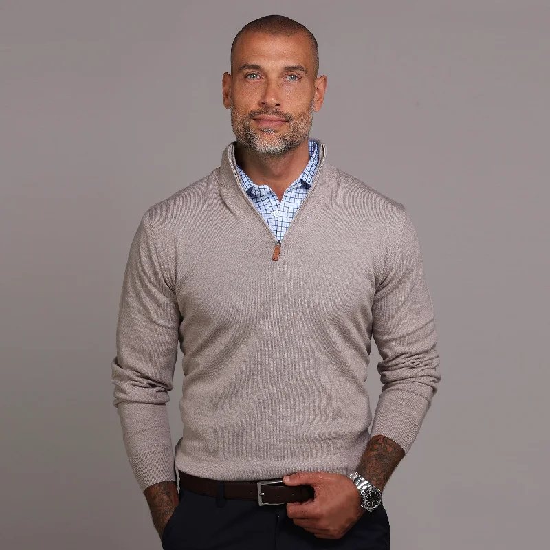 Men's Sweaters with Ribbed WaistbandsOatmeal Cashmere Touch Australian Merino Quarter Zip Sweater Men's Sweaters with Ribbed WaistbandsOatmeal Cashmere Touch Australian Merino Quarter Zip Sweater