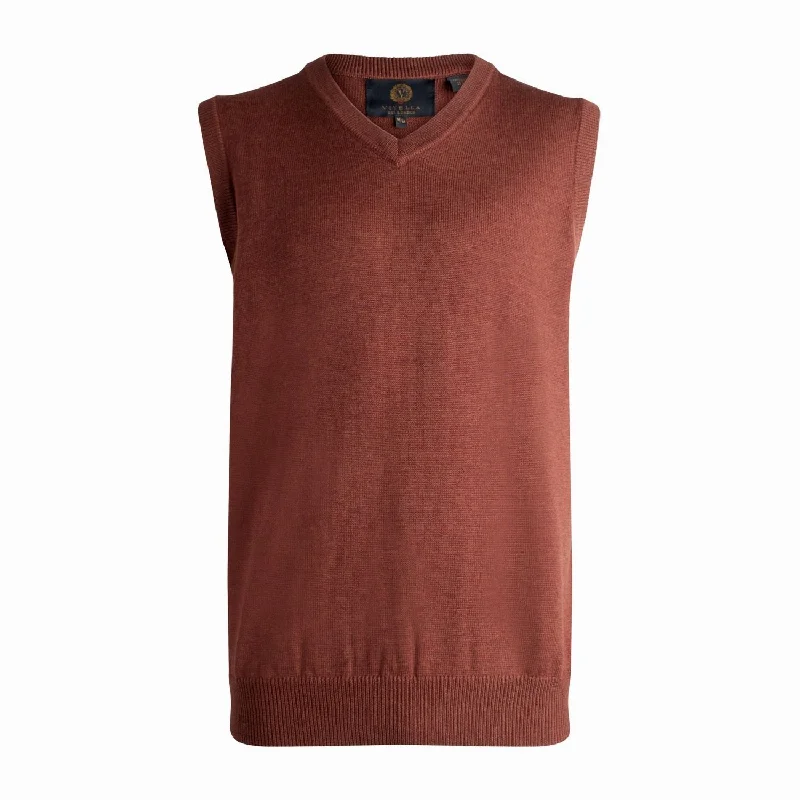 Men's Sweaters with Checkerboard PatternsExtra Fine 'Zegna Baruffa' Merino Wool V-Neck Sleeveless Sweater Vest in Rust (Size Large) by Viyella Men's Sweaters with Checkerboard PatternsExtra Fine 'Zegna Baruffa' Merino Wool V-Neck Sleeveless Sweater Vest in Rust (Size Large) by Viyella
