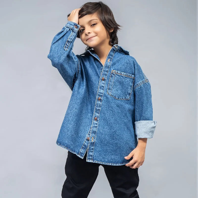 Flexible Stretch Men's JeansDenim Shirt Single Pocket (Dark Blue)