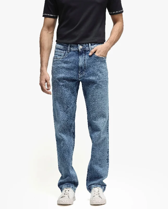 Men's Jeans with Fashionable RipsRare Rabbit Men's Klune-2 Blue Mid Rise Mid Wash Regular Fit Jeans Men's Jeans with Fashionable RipsRare Rabbit Men's Klune-2 Blue Mid Rise Mid Wash Regular Fit Jeans