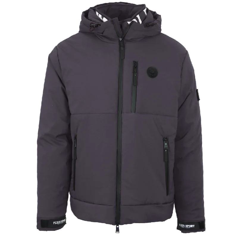 Versatile Men's Pea CoatsPlein Sport Padded Large Branded Logo Grey Jacket