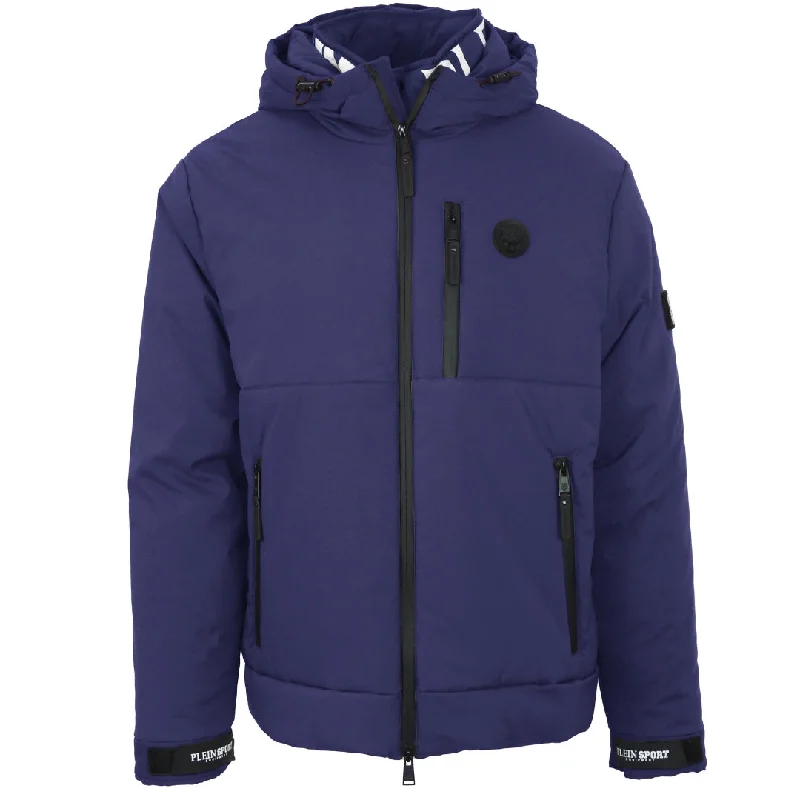 Durable Men's Car CoatsPlein Sport Padded Large Branded Logo Navy Blue Jacket