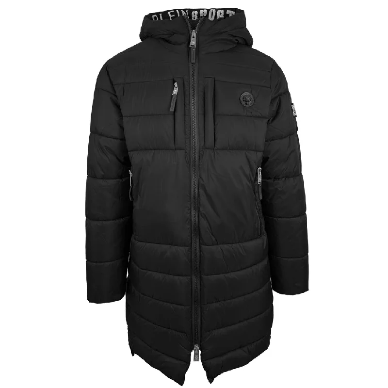 Men's Coats for City WearPlein Sport Padded Small Circular Logo Branded Black Long Jacket Men's Coats for City WearPlein Sport Padded Small Circular Logo Branded Black Long Jacket