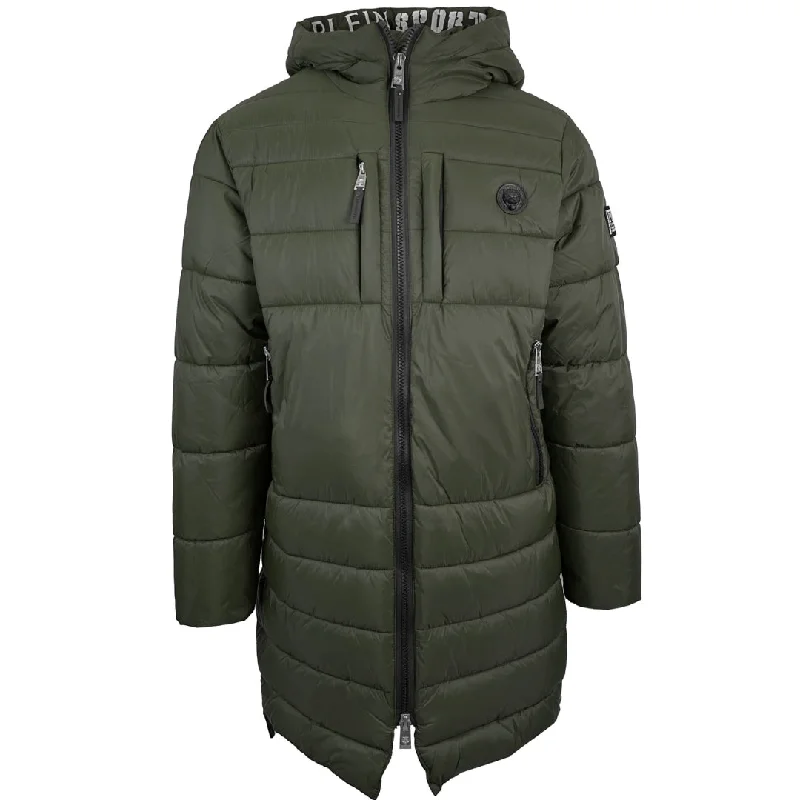 Men's Coats with Patchwork DesignsPlein Sport Padded Small Circular Logo Branded Green Long Jacket