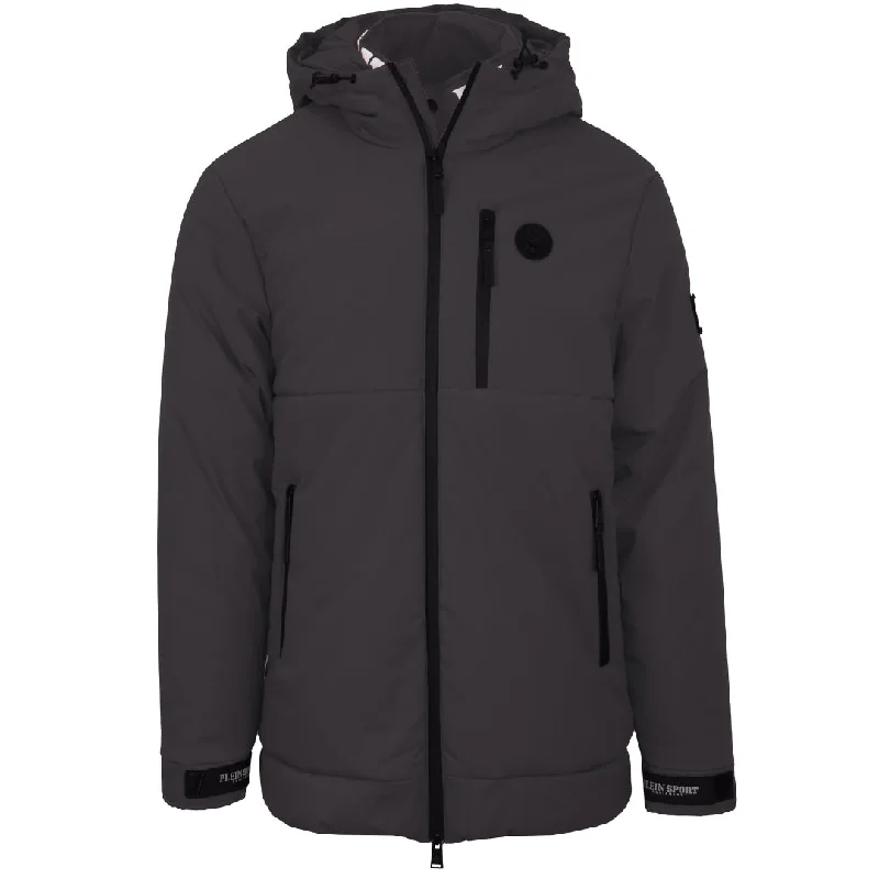 Men's Coats with Relaxed FitsPlein Sport Padded Small Circular Logo Branded Grey Jacket Men's Coats with Relaxed FitsPlein Sport Padded Small Circular Logo Branded Grey Jacket