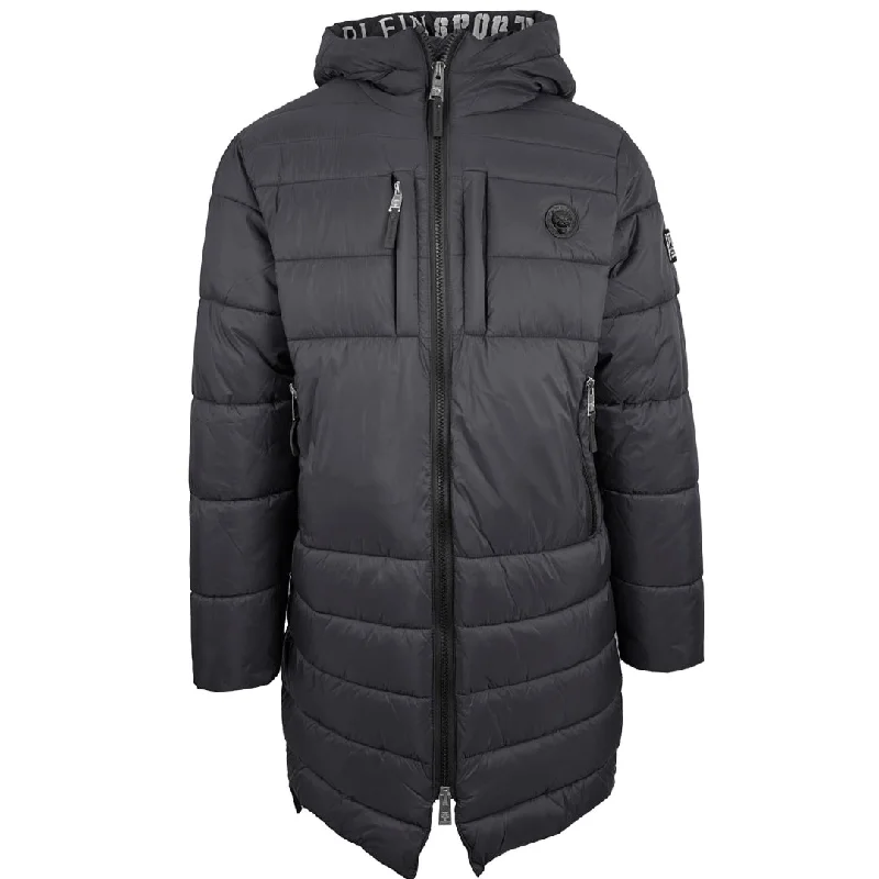 Men's Coats for AutumnPlein Sport Padded Small Circular Logo Branded Grey Long Jacket Men's Coats for AutumnPlein Sport Padded Small Circular Logo Branded Grey Long Jacket