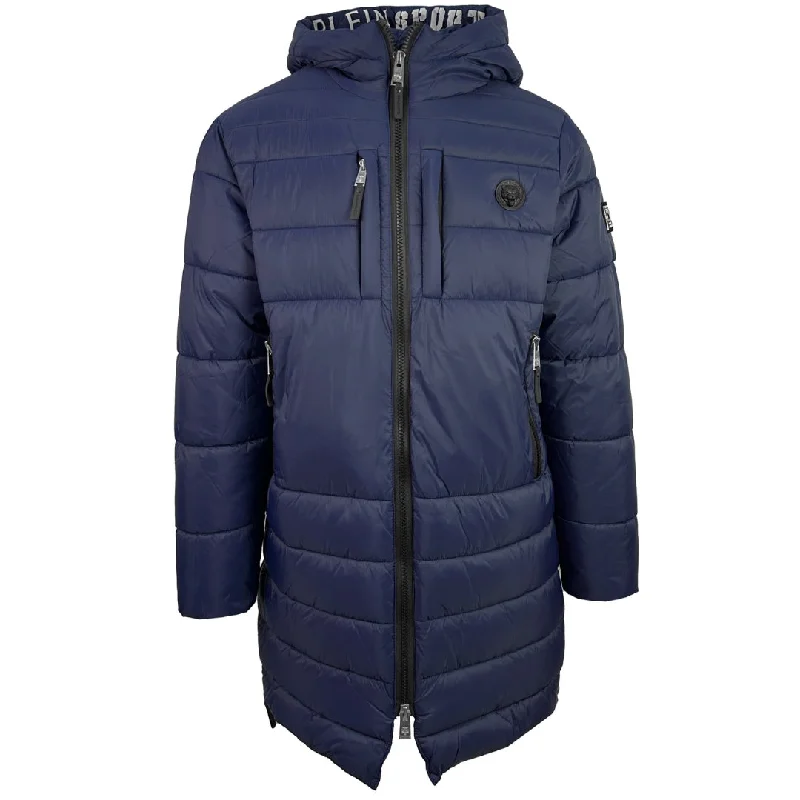 Men's Coats with Chest PocketsPlein Sport Padded Small Circular Logo Branded Navy Blue Long Jacket Men's Coats with Chest PocketsPlein Sport Padded Small Circular Logo Branded Navy Blue Long Jacket