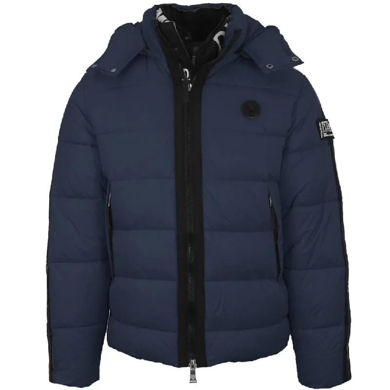 Men's Coats with ZippersPlein Sport Padded Small Circular Logo Navy Blue Jacket