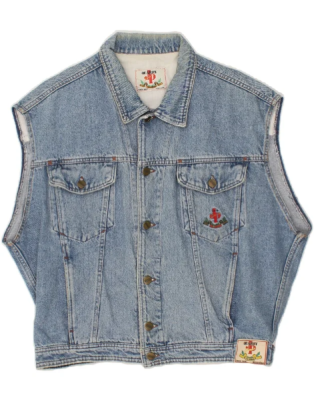Men's Coats with Belted WaistsQUARRY Mens Graphic Denim Gilet UK 40 Large Blue Cotton