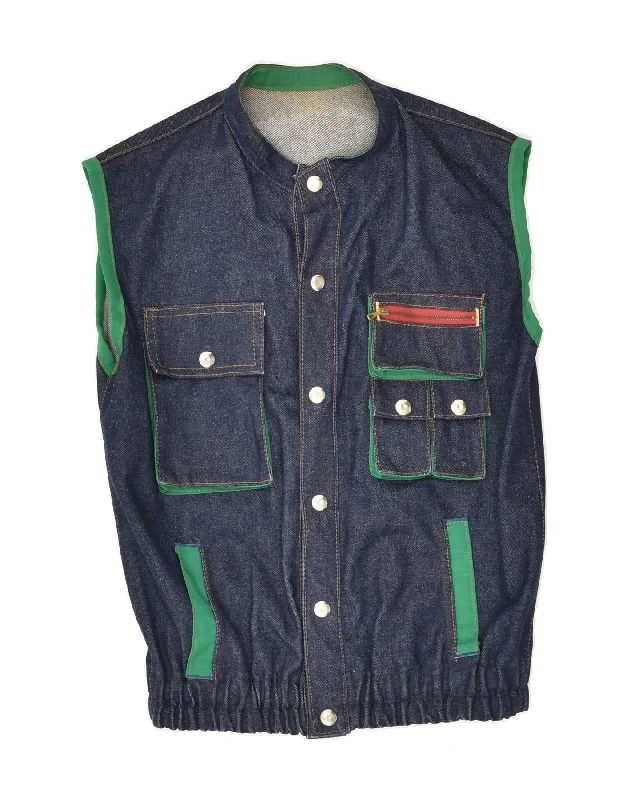 Men's Coats with Snap ButtonsVINTAGE Mens Denim Gilet UK 36 Small Navy Blue Cotton