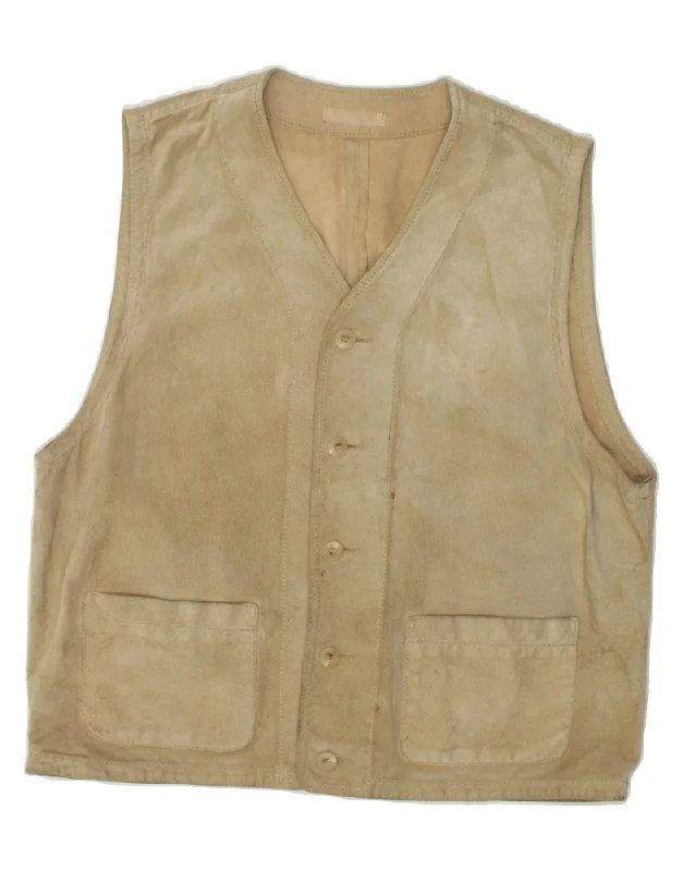 Men's Coats with Contrast StitchingVINTAGE Mens Leather Gilet UK 36 Small Beige