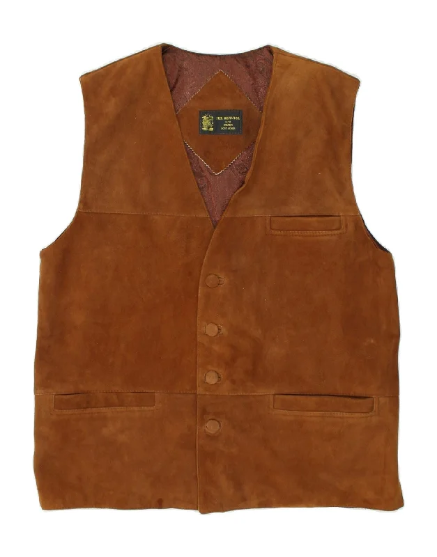 Men's Coats with Fur TrimVINTAGE Mens Leather Gilet UK 38 Medium Brown Leather