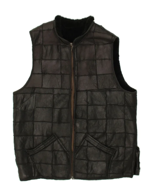 Men's Coats with Slim FitsVINTAGE Mens Shearling Gilet IT 54 2XL Black Check Shearling