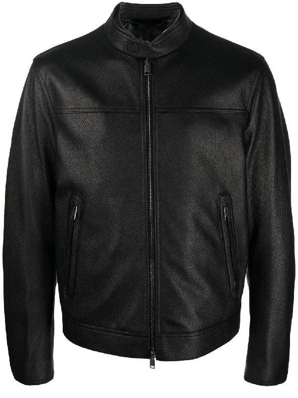 Men's Coats with Reflective StripesZip-Front Leather Jacket